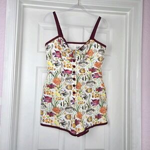 Unique Vintage Hayward Fish Print Shorts Romper Size L Retro Vibes Button Front